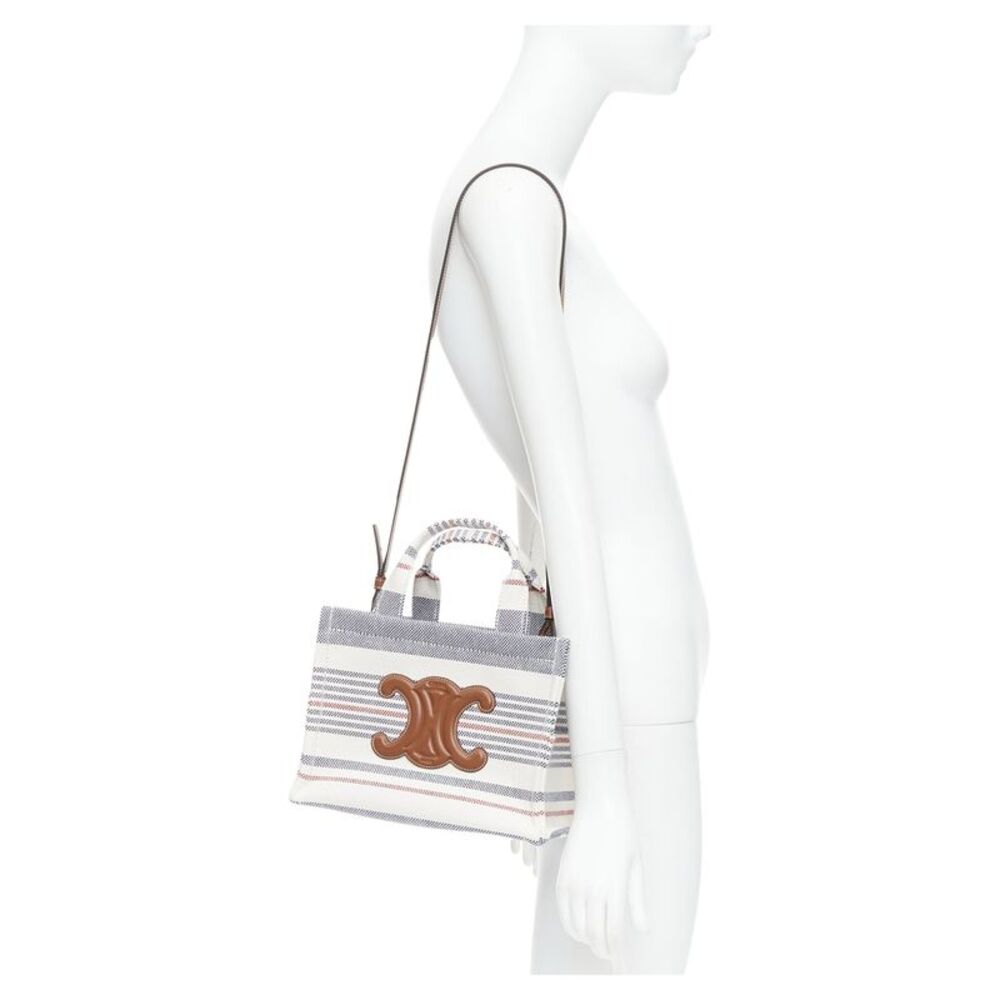 Celine Small Cabas Thais Striped Textile Canvas Calfskin Triomphe Bag - Picture 2 of 6